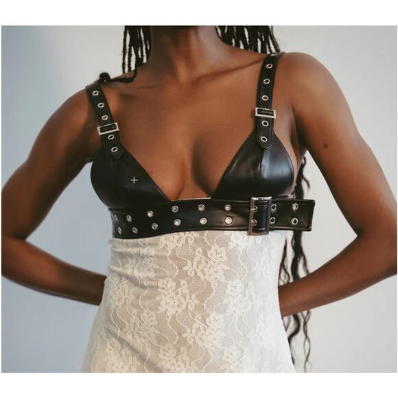 NEW WeWoreWhat Belt Bodice Lace Midi Maxi Dress Sz 8 Black Vegan Leather Ivory - Picture 7 of 15